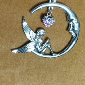 Fairy Pendant  On A Crescent Moon Silver With Color Changing Heart Pink And Blue